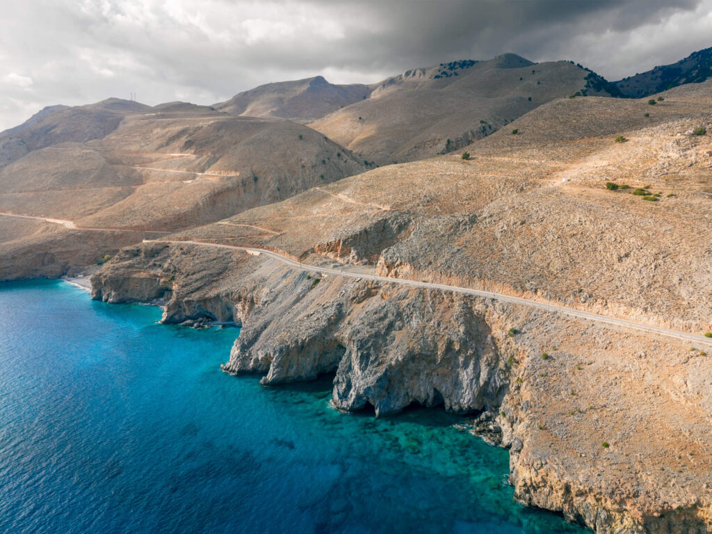 Aerial view of the coastal cliffs near Chora Sfakion on Crete’s south coast.