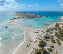 Graphic lines, shapes, and colours of Elafonisi’s lagoon. Aerial view of Elafonisi lagoon showing turquoise pools and sand formations.