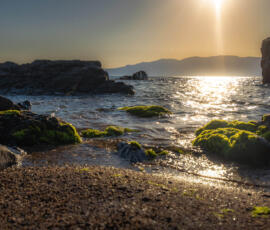 The last rays of sunlight shimmer across the sea as gentle waves wash over emerald-covered rocks along the Cretan coastline. Golden sunset over the sea in Crete with green algae-covered rocks, gentle waves and distant mountains on the horizon.
